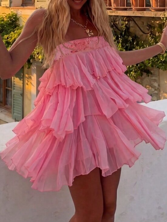 Dresses & Skirts - Pink Casual Women's Elegant Ruffle Strapless Dress